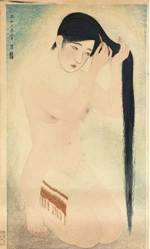 Kobayakawa Kiyoshi - Kurokami (Glossy dark hair), from the series Kindai jisesho no (Women\'s manners of today), uchi go, no. 5