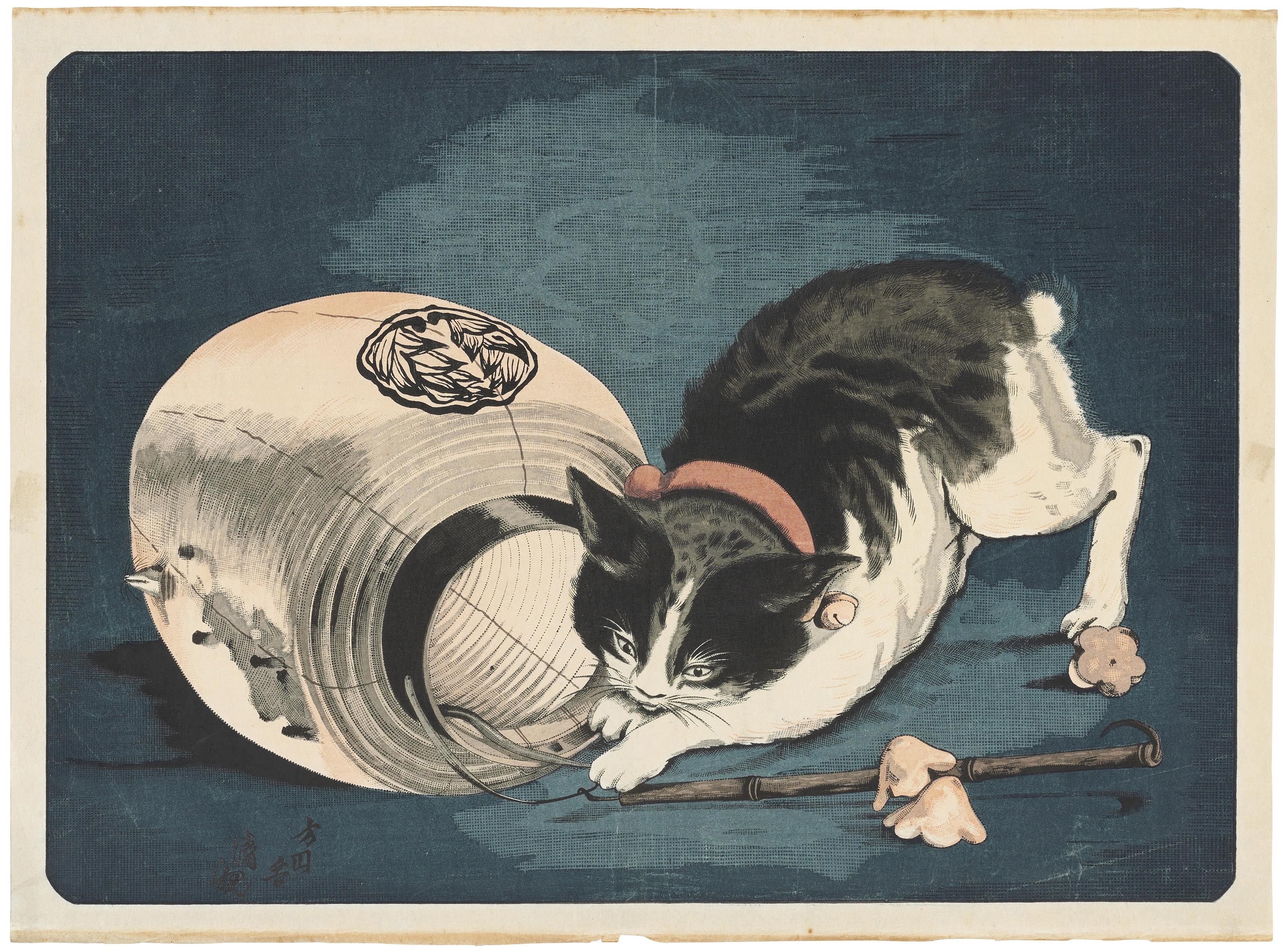 Kobayashi Kiyochika - A cat chasing a rat into a toppled lantern