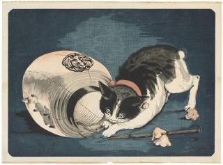 Kobayashi Kiyochika - A cat chasing a rat into a toppled lantern