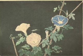 Kobayashi Kiyochika - Morning glories on bamboo stakes