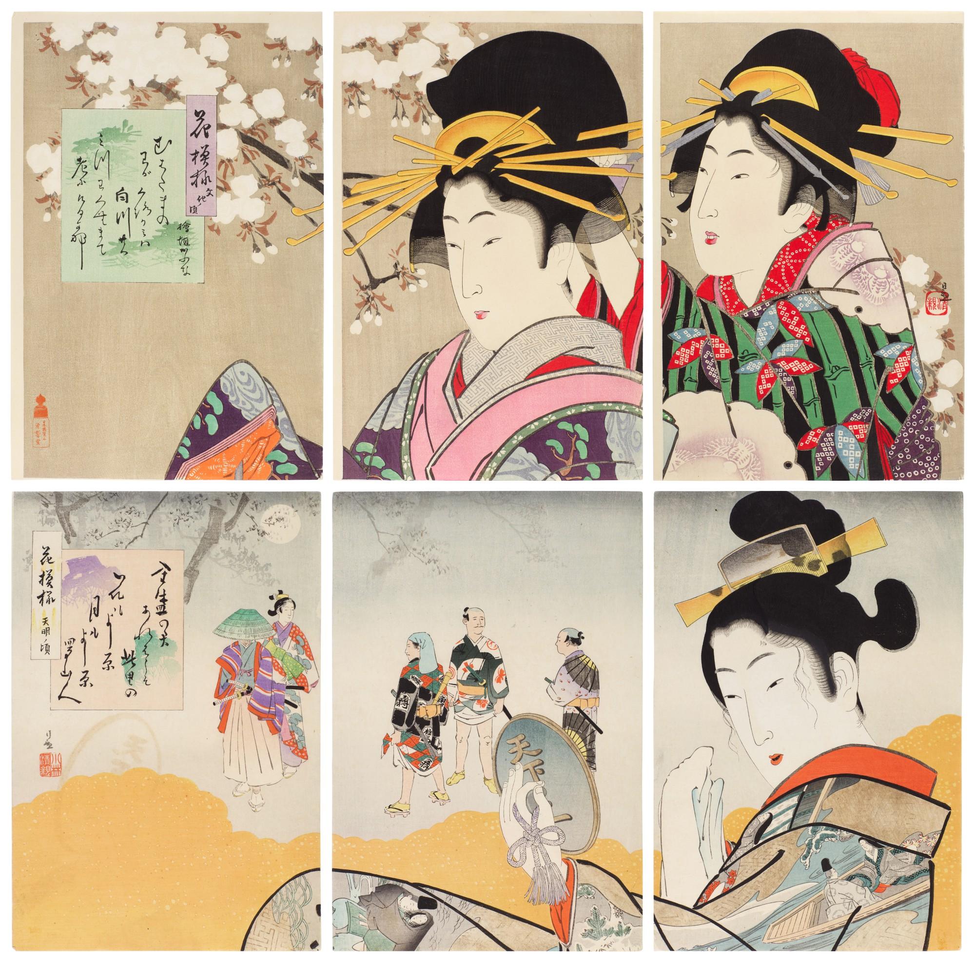 Kobayashi Kiyochika - Two woodblock print triptychs