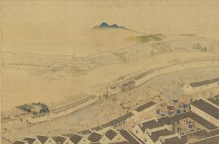 Kobayashi Kiyochika - Warehouses along the river in Nihonbashi