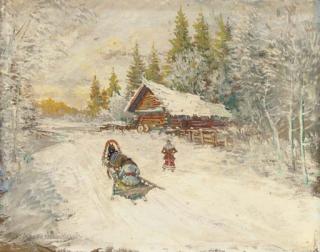 Konstantin Alekseevich Korovin - A winter scene with a horse-drawn sled