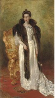 Konstantin Egorovich Makovskii - Portrait of a lady in a white dress and fur stole