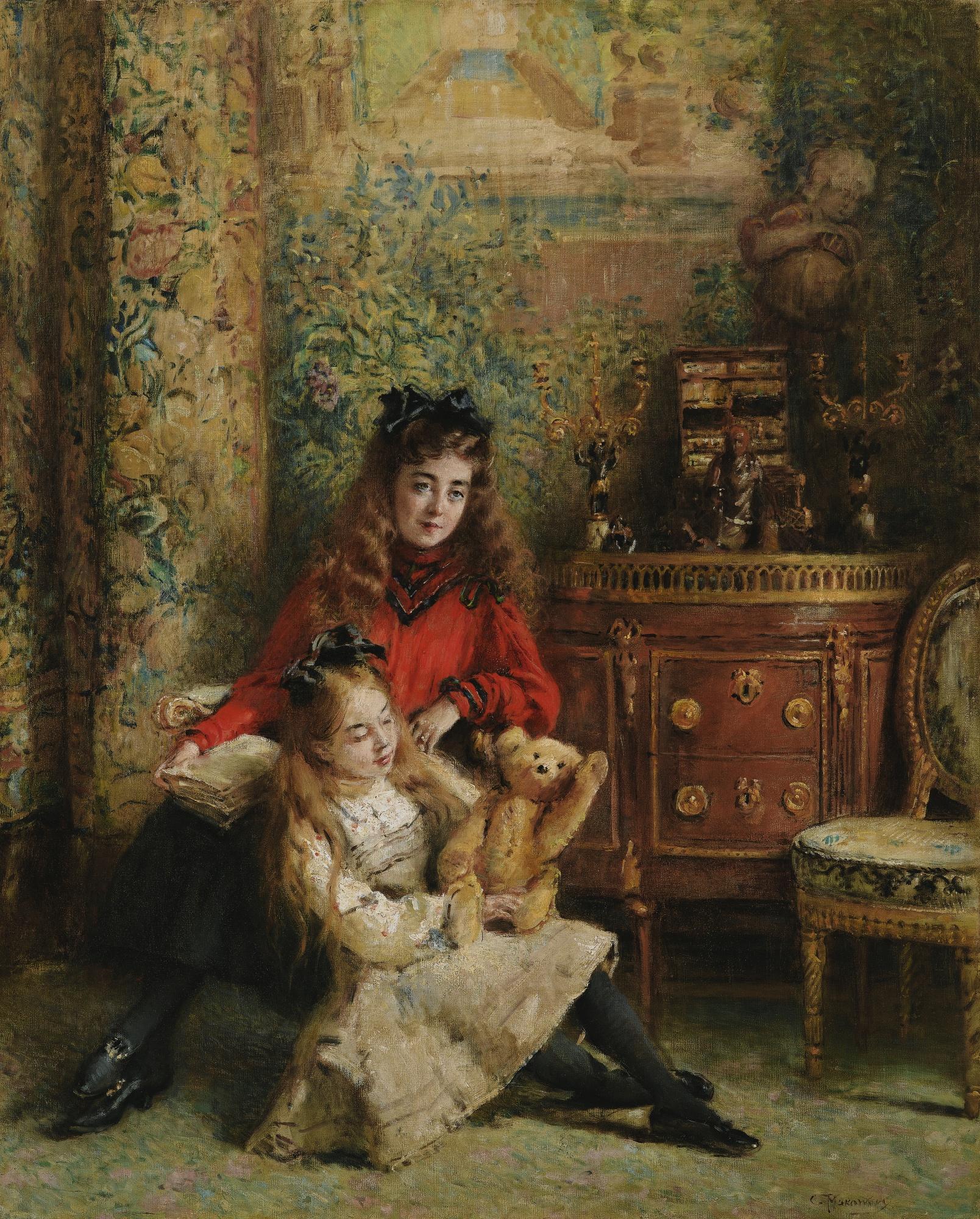 Konstantin Egorovich Makovsky - Portrait Of The Artist\'S Daughters Olga And Marina With Teddy Bear