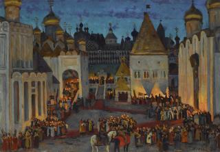 Konstantin Fedorovich Yuon - The Kremlin At Night On The Eve Of The Coronation Of Tsar Mikhail Fedorovich