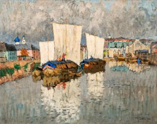 Konstantin Gorbatov - Barges Near The River Bank.