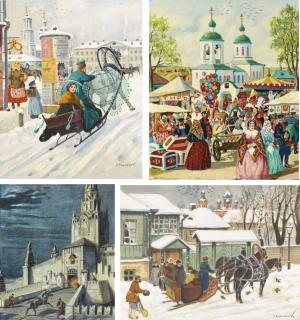 Konstantin Konstantinovich Kuznetsov - Troika With A Beggar, Messenger, Day At The Bazaar And Woman On A Sled