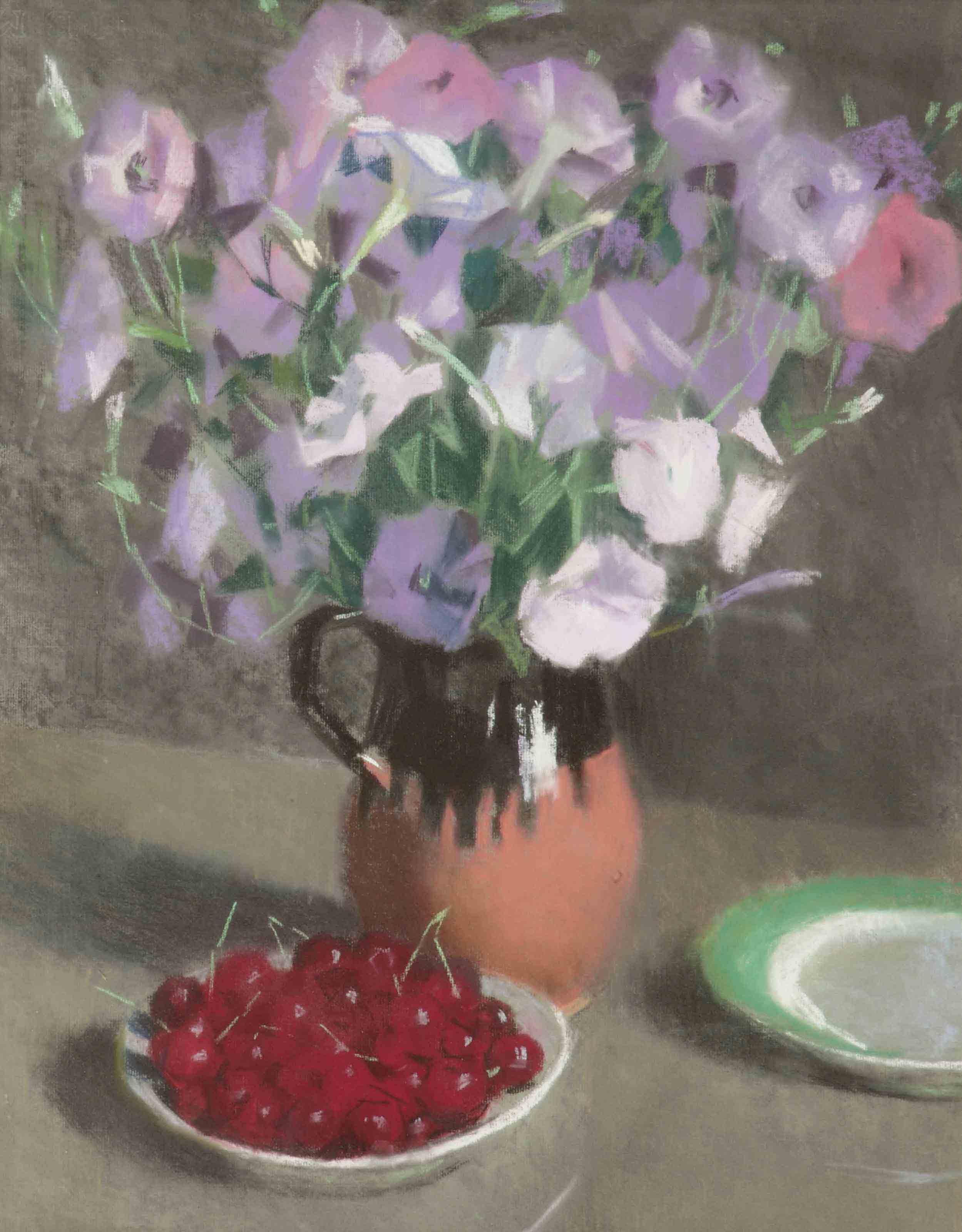 Konstantin Lomykin - A still life with cherries and purple flowers
