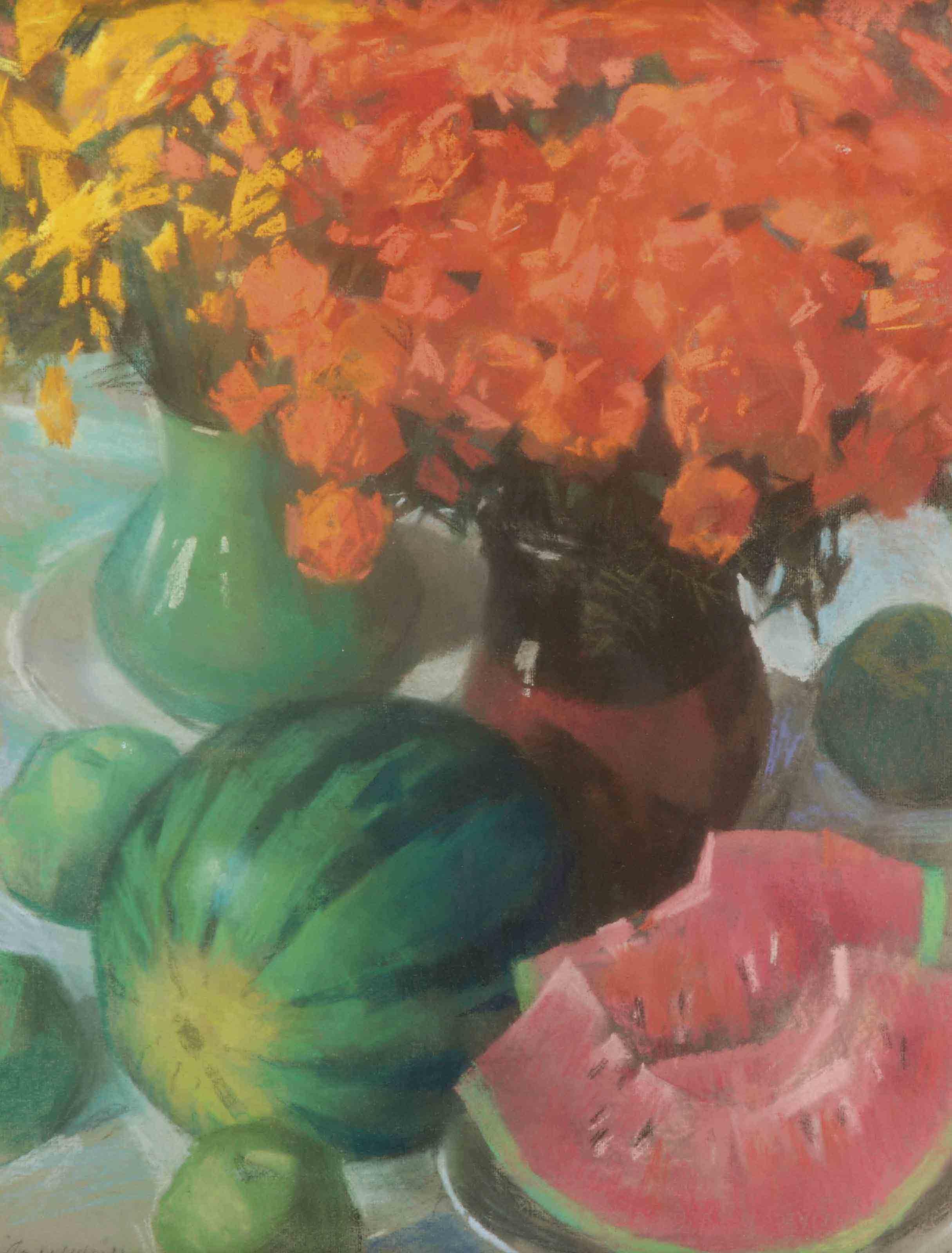 Konstantin Lomykin - A still life with watermelons and yellow and orange flowers