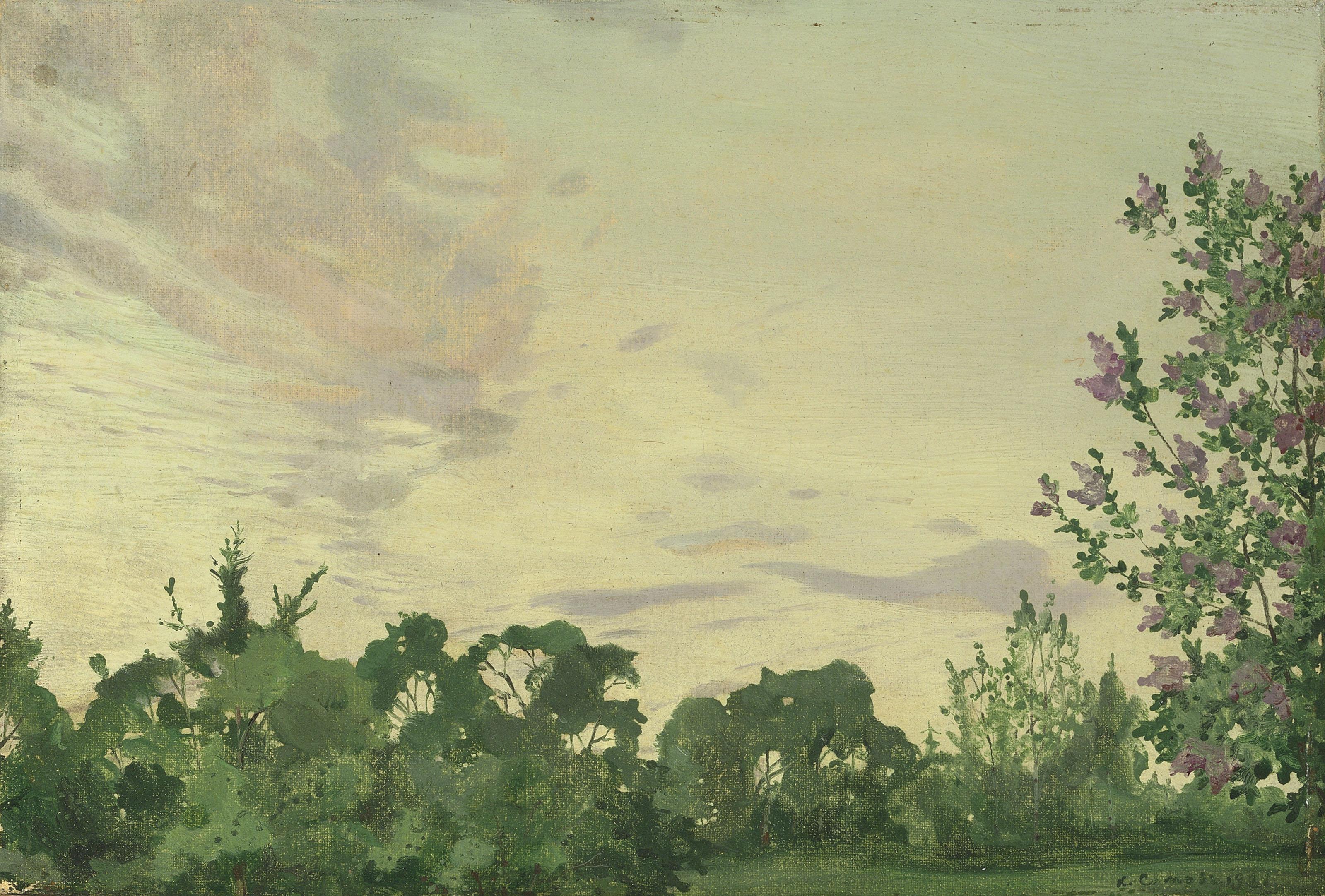 Konstantin Somov - Twilight. Evening landscape with a lilac bush on the right