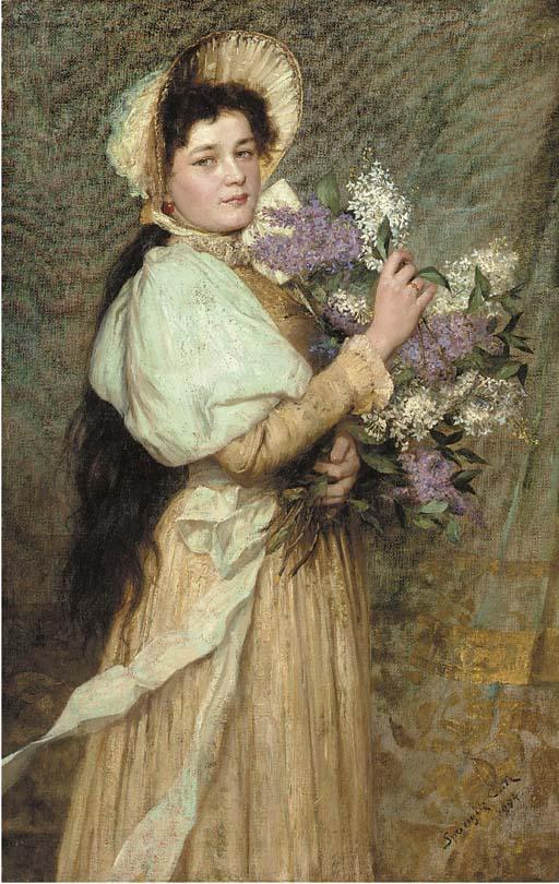 Kornel Spanyik - A young beauty holding a bouquet of lilacs