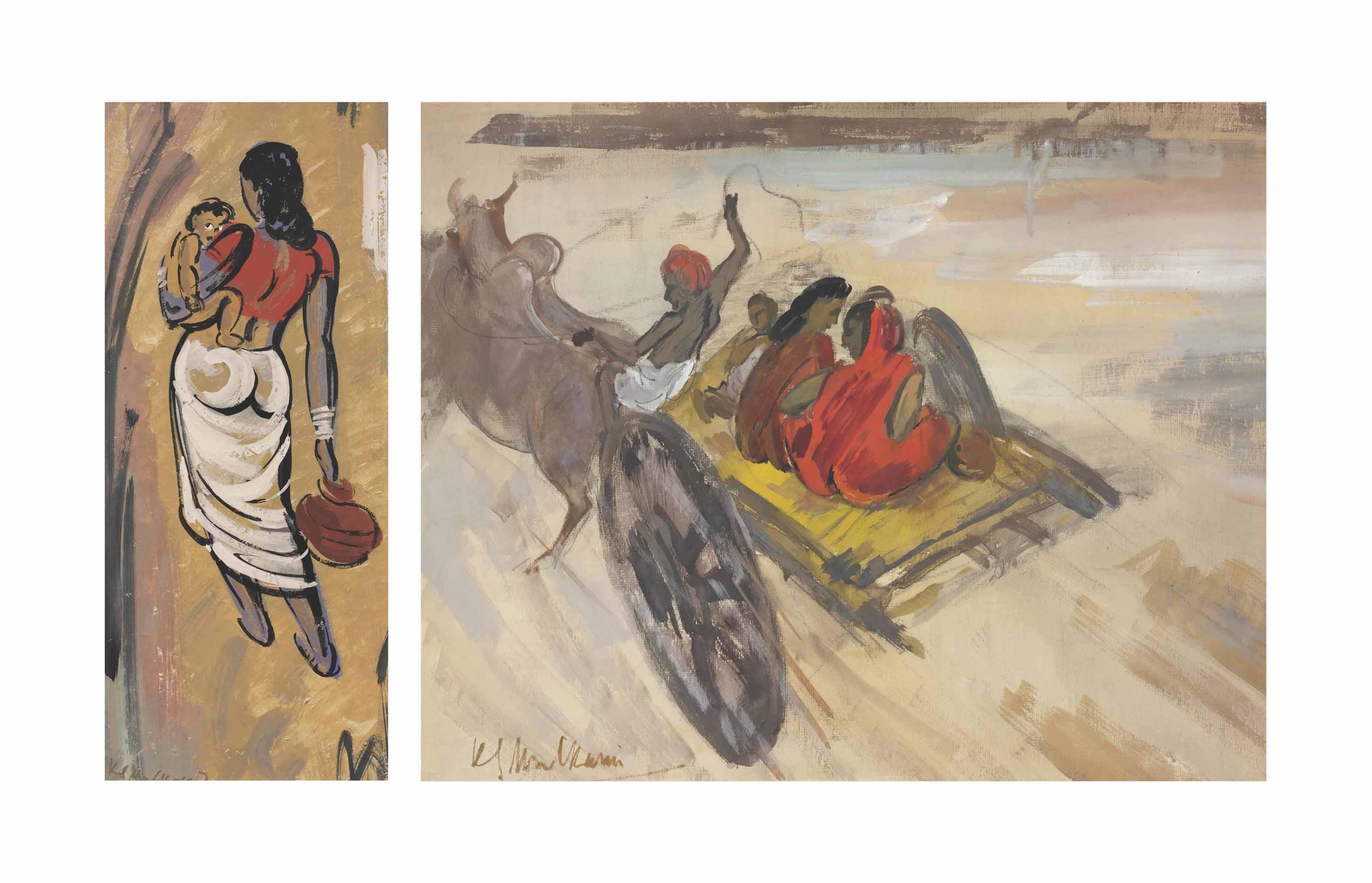 Krishna Shamrao Kulkarni - Untitled (Woman and Child); Untitled (Bullock Cart)