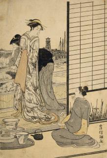 Kubo Shunman - Benigirai, three women on a balcony overlooking the river, signed Kubo Shunman ga, good impression, slight staining and wormholes repaired