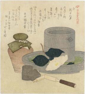 Kubo Shunman - Tea Grinder, Caddy, Tea Leaf Jar And White Camellia, \