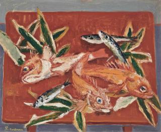 Kuroda Seiki - Fish and leaves on a table, oil on canvas, signed in Roman script S.Kuroda and on the back in Japanese Kuroda, elaborate gilt frame