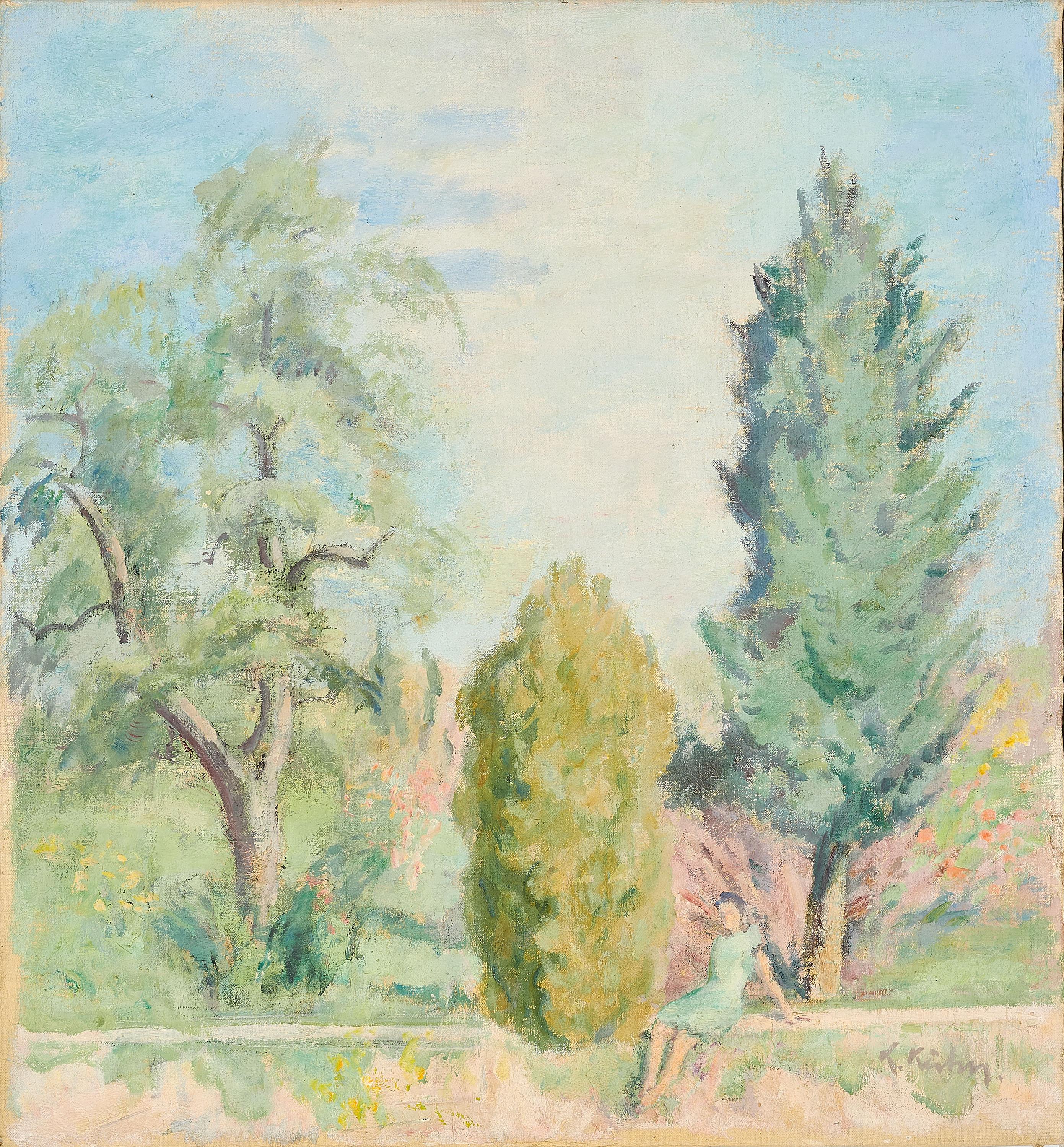 Kurt Kühn - Waldlandschaft mit Sitzender auf einer Mauer.