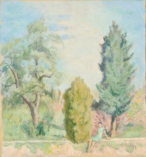 Kurt Kühn - Waldlandschaft mit Sitzender auf einer Mauer.