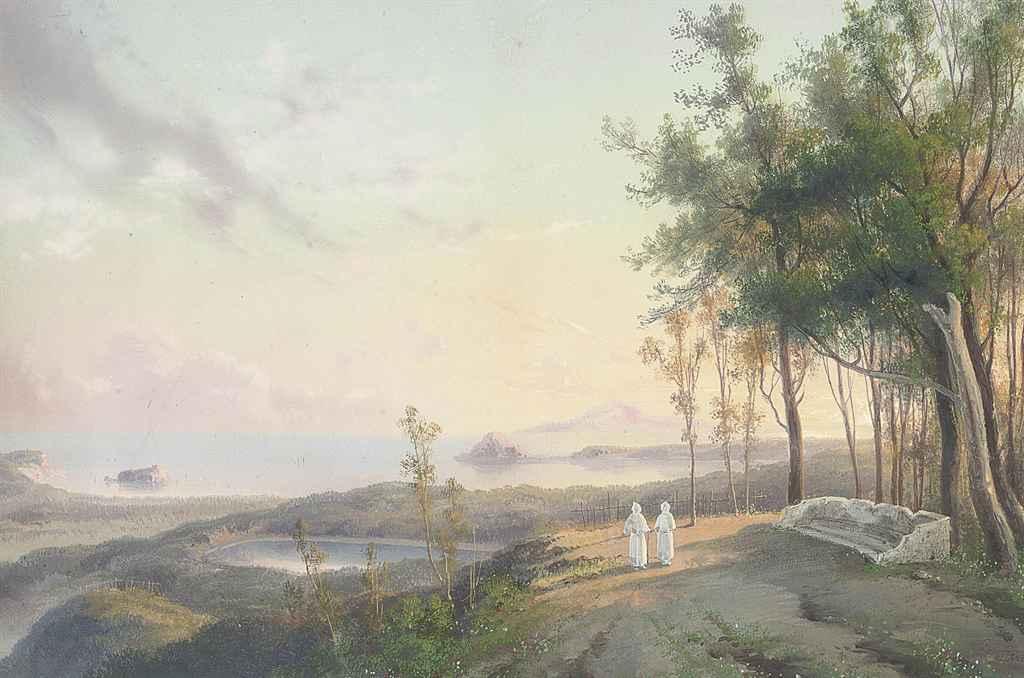 La Pira - Monks on a path at dusk, Capri beyond