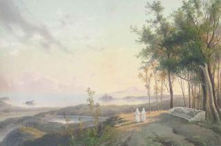 La Pira - Monks on a path at dusk, Capri beyond
