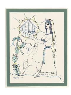 Lado Gudiashvili - Young Georgian woman with a fawn; and three drawings of women with mythological beasts