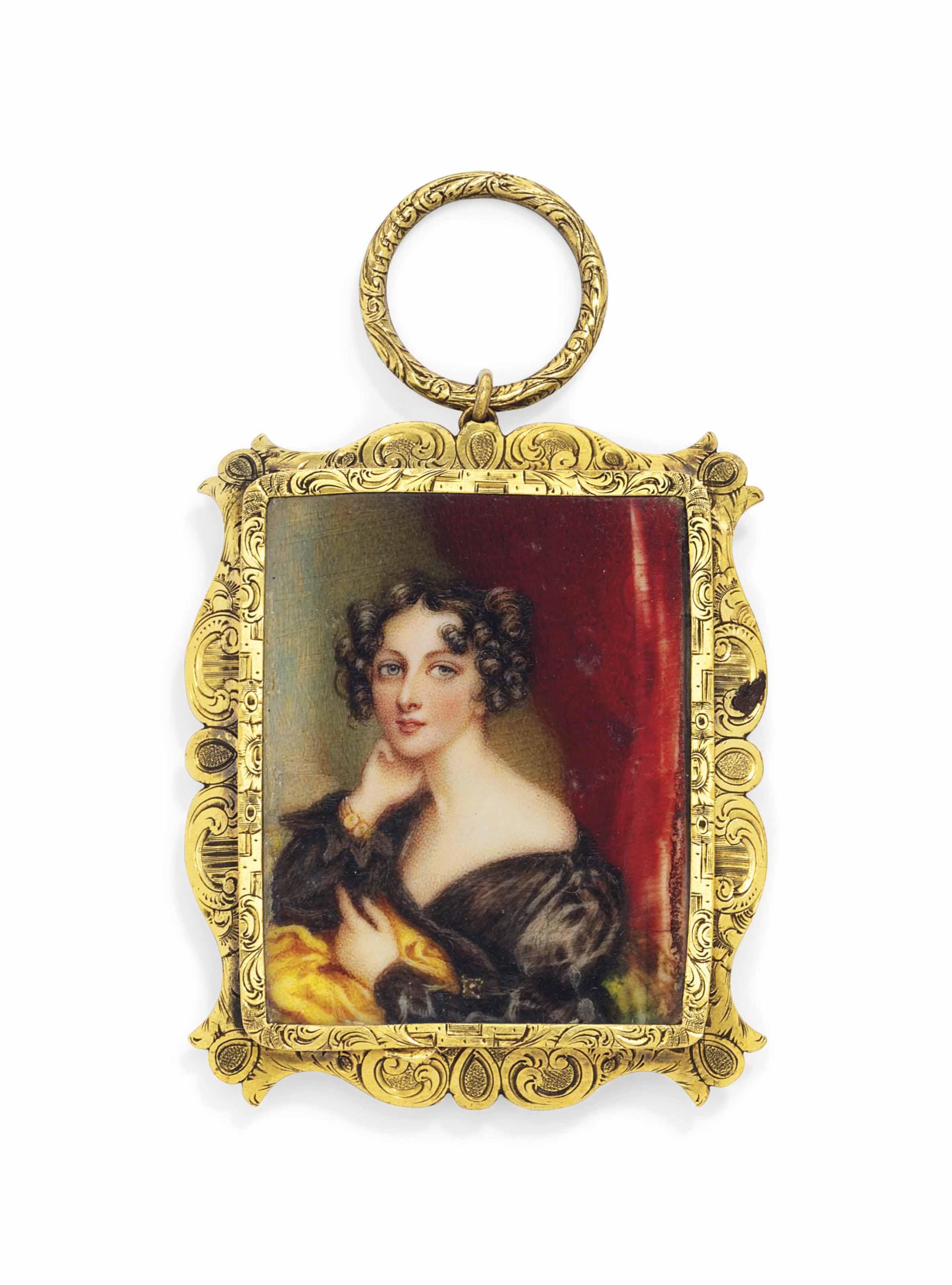 Lady Susan Lygon, née Eliot, Countess Beauchamp (1797-1835), in off-the-shoulder black dress, yellow shawl, red curtain background