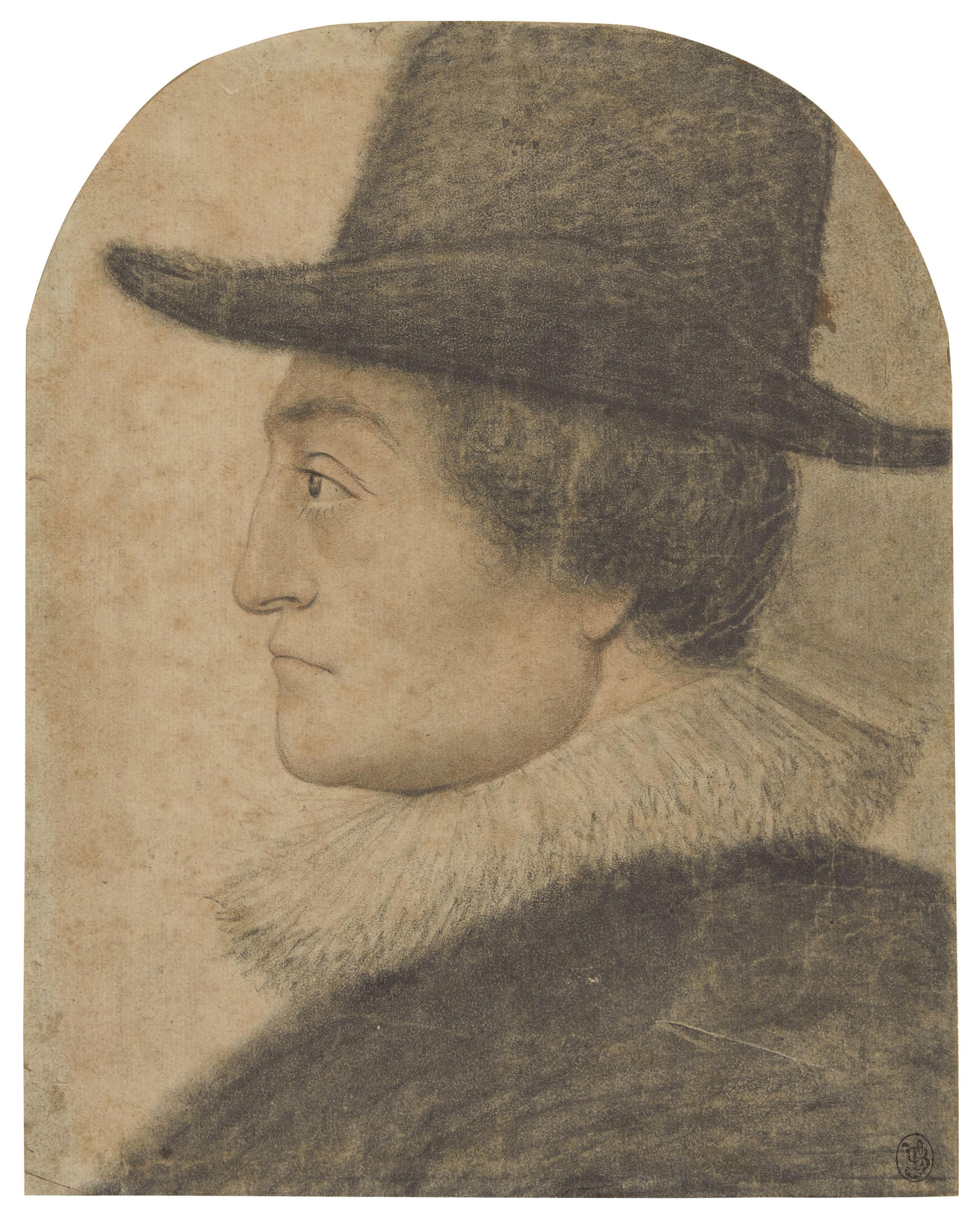 Lagneau - Portrait d\'homme au chapeau, tourné de trois-quart vers la gauche
