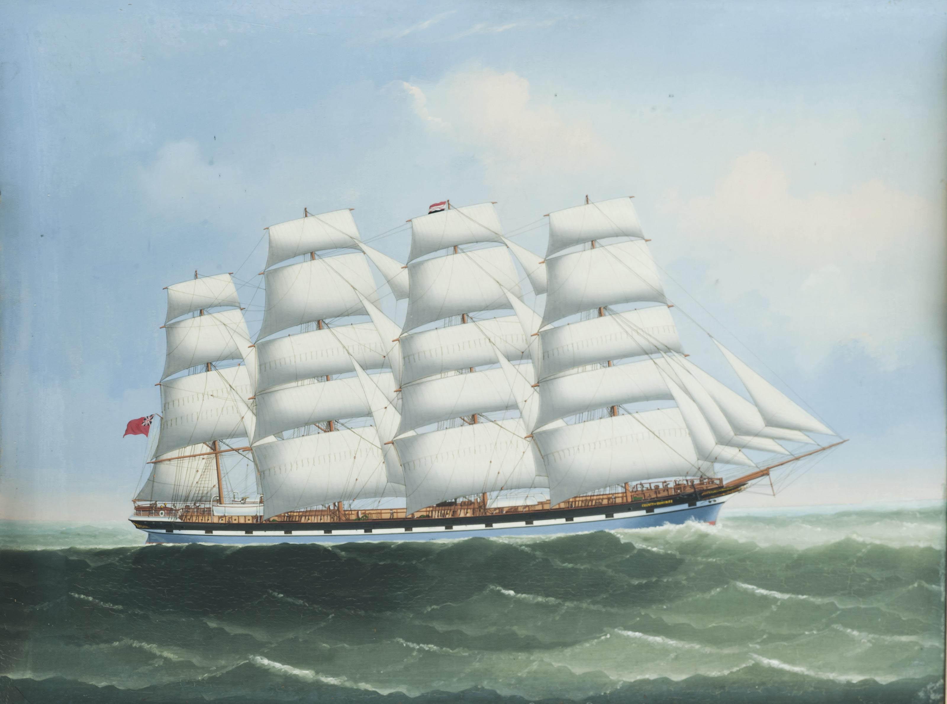 Lai Fong of Calcutta - The British four-master County of Dumfries under full sail