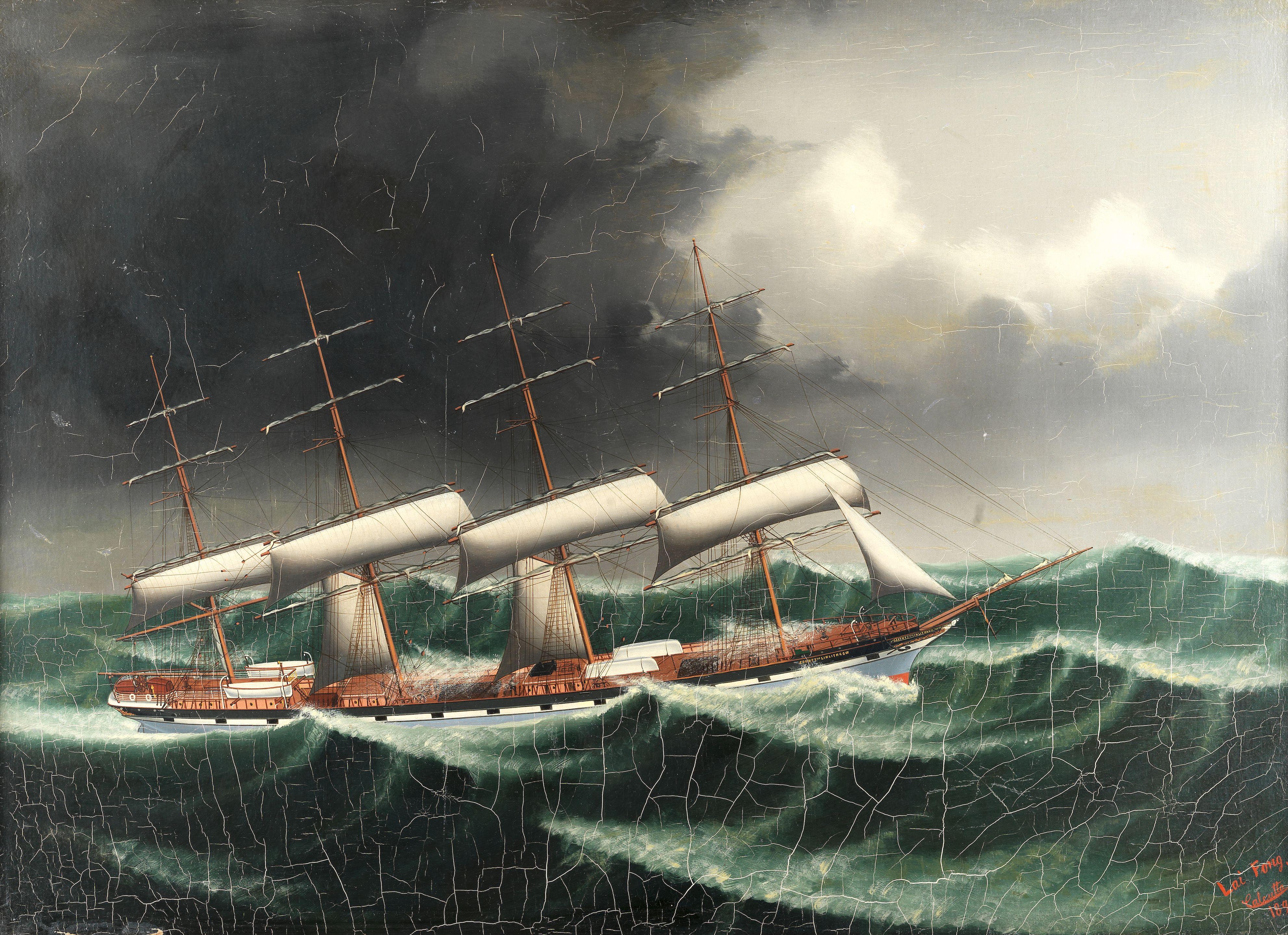 Lai Fong - The four masted merchant ship County of Linlithgow in stormy seas