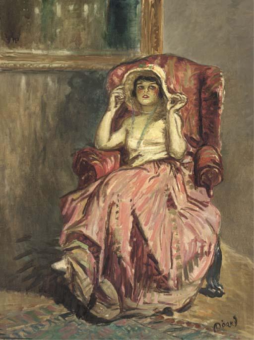 Lajos Mark - A woman seated in an armchair in a large hat