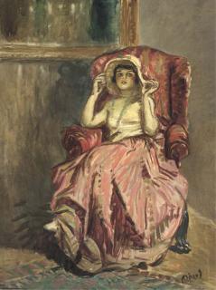 Lajos Mark - A woman seated in an armchair in a large hat