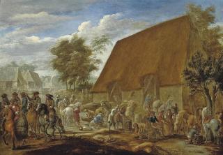 Lambert de Hondt - Farmers threshing corn before a thatched barn