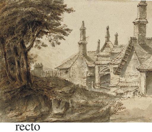 Lambert Doomer - Houses seen from a wooded path (recto), a subsidiary study of trees (verso)