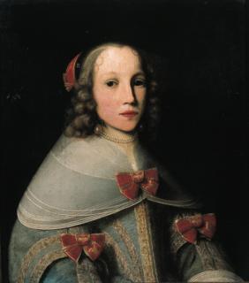 Lambert Doomer - Portrait of Elisabeth Pruys van Oswaert (?-1683), half length, wearing a light blue brocade dress with lace collar and red bows, pearl neckless and earrings