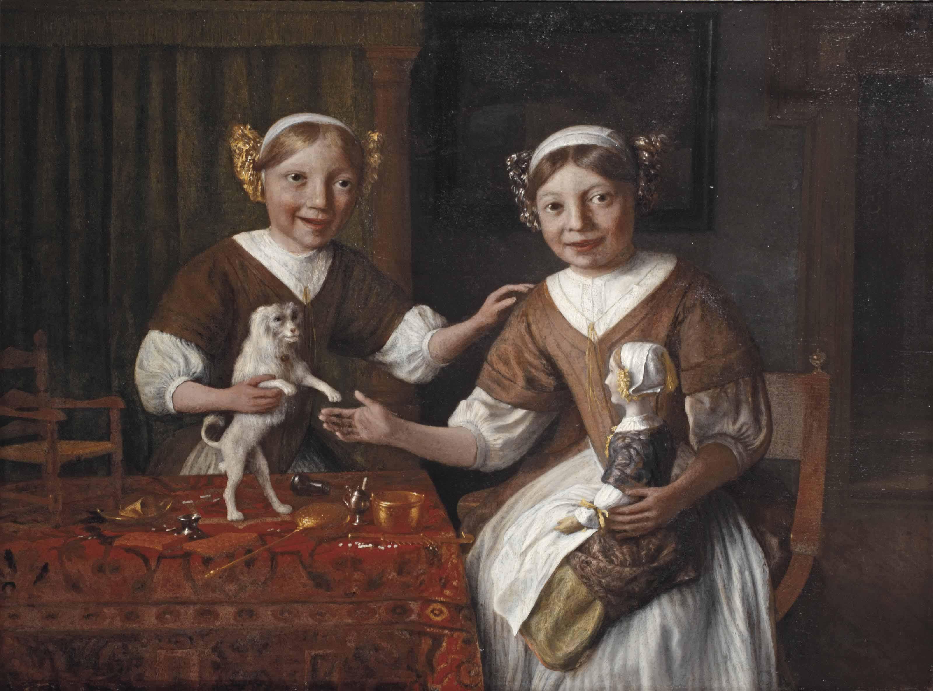 Lambert Doomer - Portrait Of Two Young Girls With A Pet Dog And A Doll, Seated At A Draped Table With Toys And A Chair For The Doll