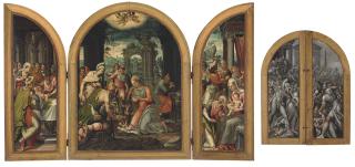 Lambert Lombard - A Triptych Of The Adoration Of The Shepherds; The Circumcision On The Left Wing; The Adoration Of The Magi On The Right Wing; And The Massacre Of The Innocents, En Grisaille, On The Reverse Of The Wings
