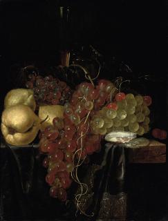 Lambert van Slingelandt - Oysters, lemons, cherries, grapes, and a glass roemer on a partly-draped wooden ledge