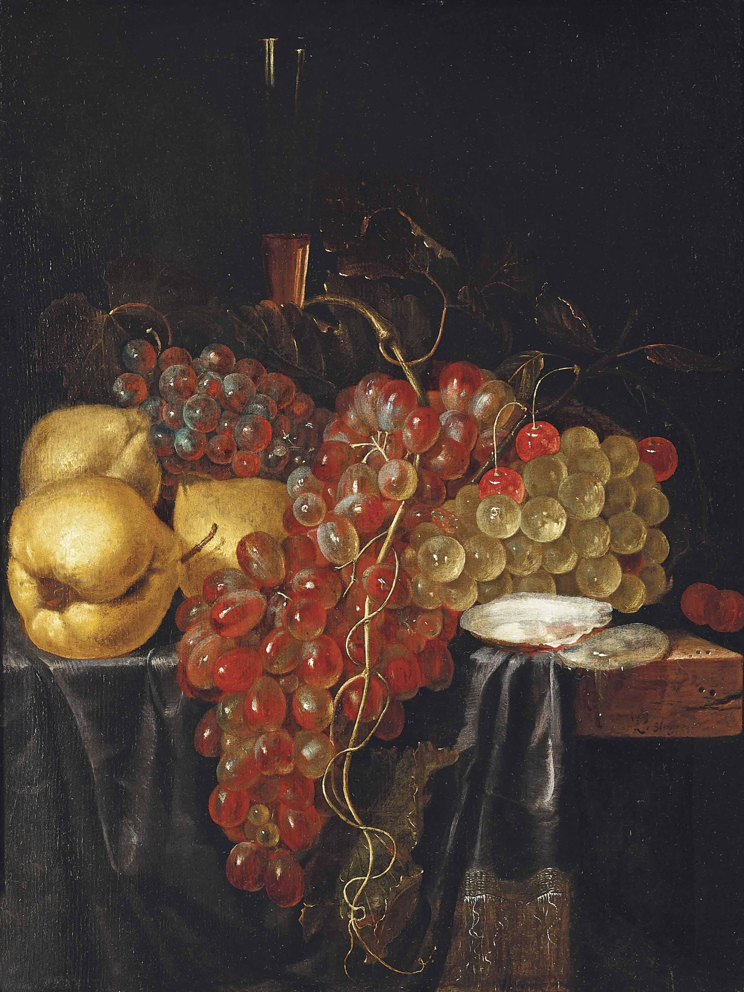 Lambert Van Slingelandt - Pears, grapes, oysters and a wine flute on a partly draped wooden ledge