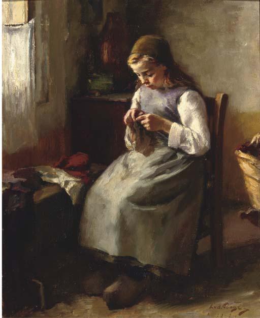Lammert van der Tonge - A young girl knitting