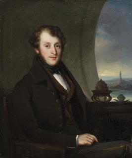 Lamqua - A Western Merchant, seated small half length, by a Moon Window, with a view to a Pagoda beyond