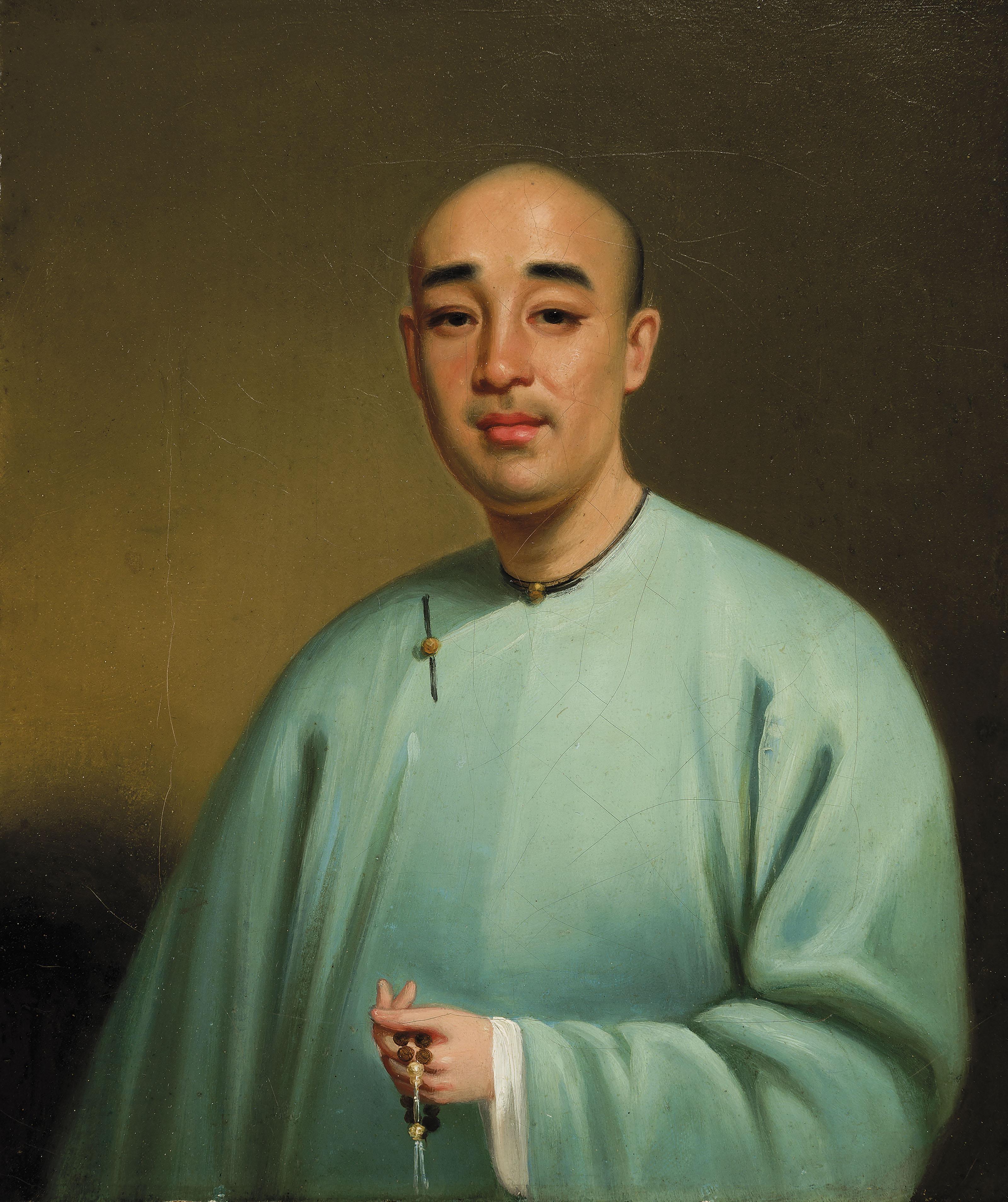 Lamqua - Portrait of a Man wearing a blue smock, holding a string of beads (thought to be a self portrait)