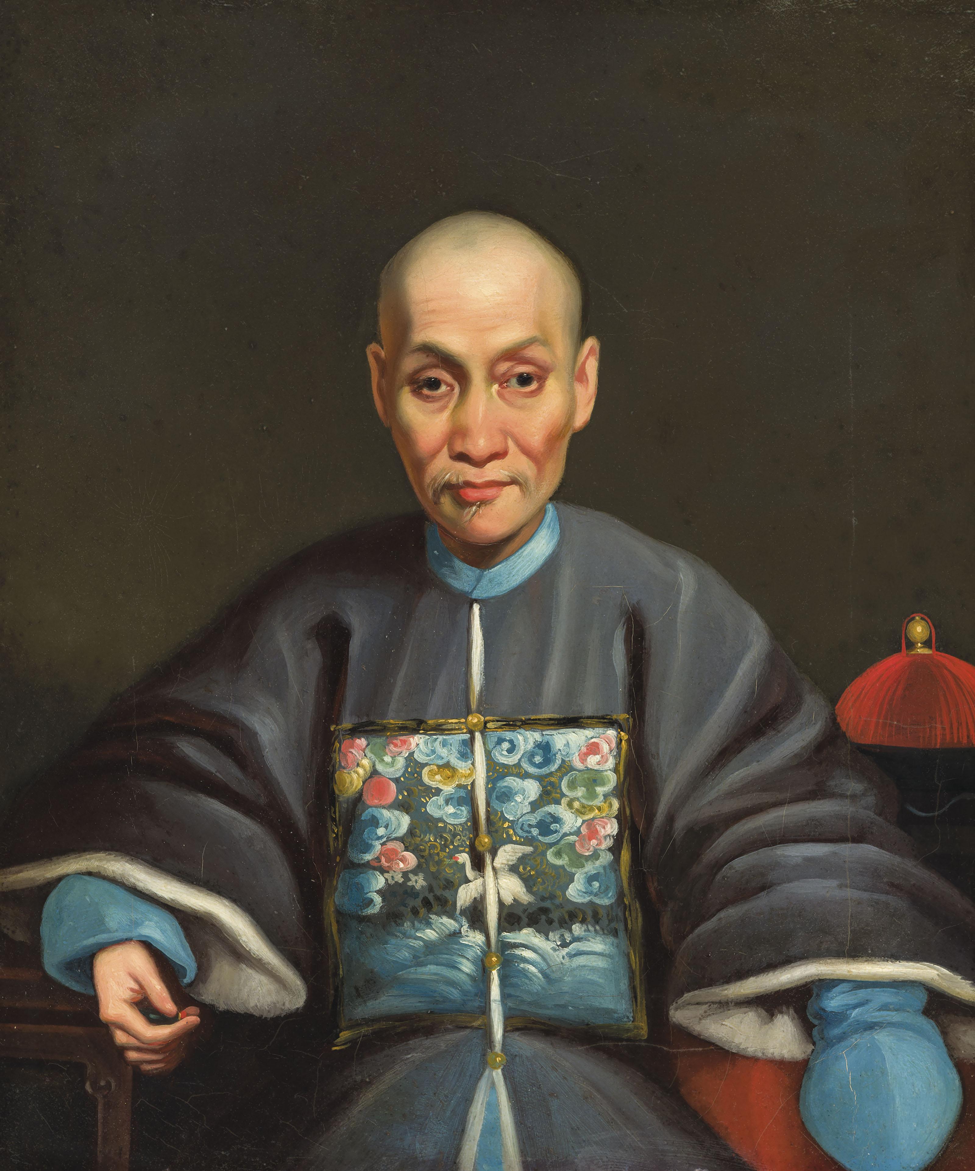 Lamqua - Portrait of a Mandarin, seated small half length, his fur-lined outer coat with embroidered rank badge (Mandarin Duck)