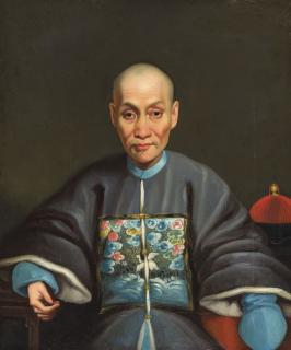 Lamqua - Portrait of a Mandarin, seated small half length, his fur-lined outer coat with embroidered rank badge (Mandarin Duck)