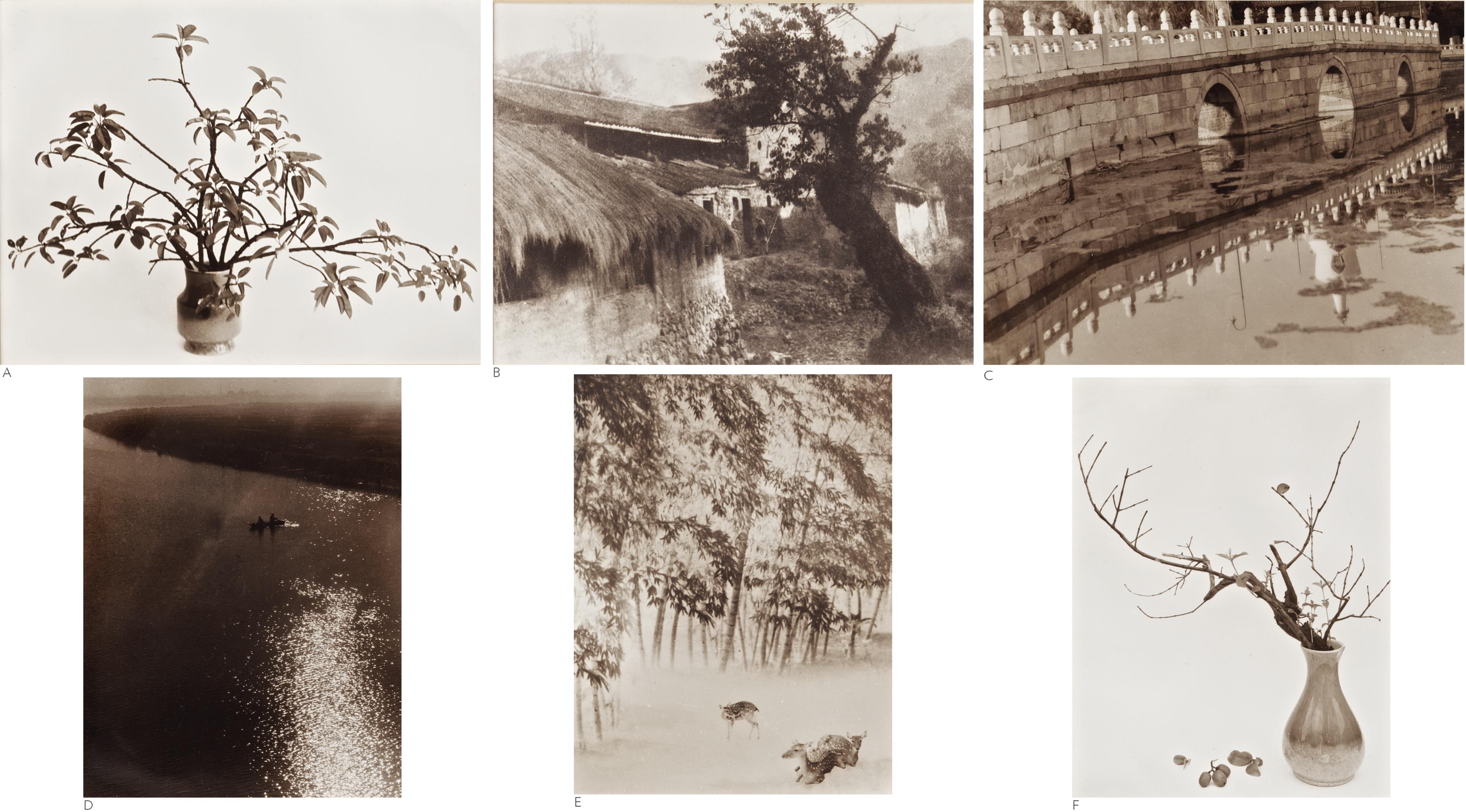 Lang Jingshan - A: The Study; B: Mountain Village; C: The Bridge; D: Water Reflection; E: The Deer; F: Spring Time [Six Works]