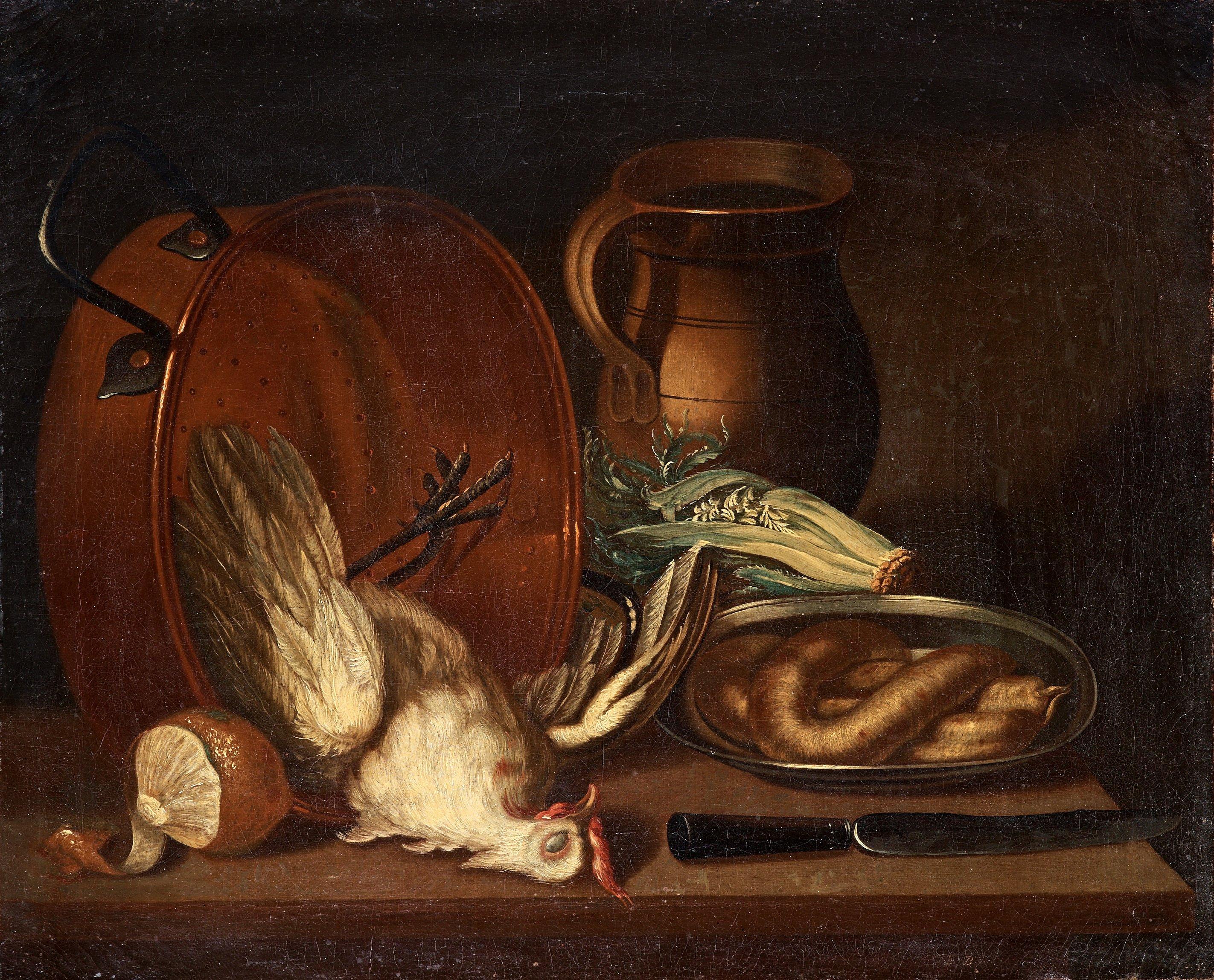 Lars Henning Boman - Still life with a hen, sausage, vegetables and utensils