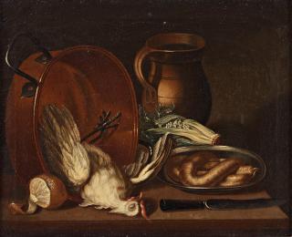 Lars Henning Boman - Still life with a hen, sausage, vegetables and utensils