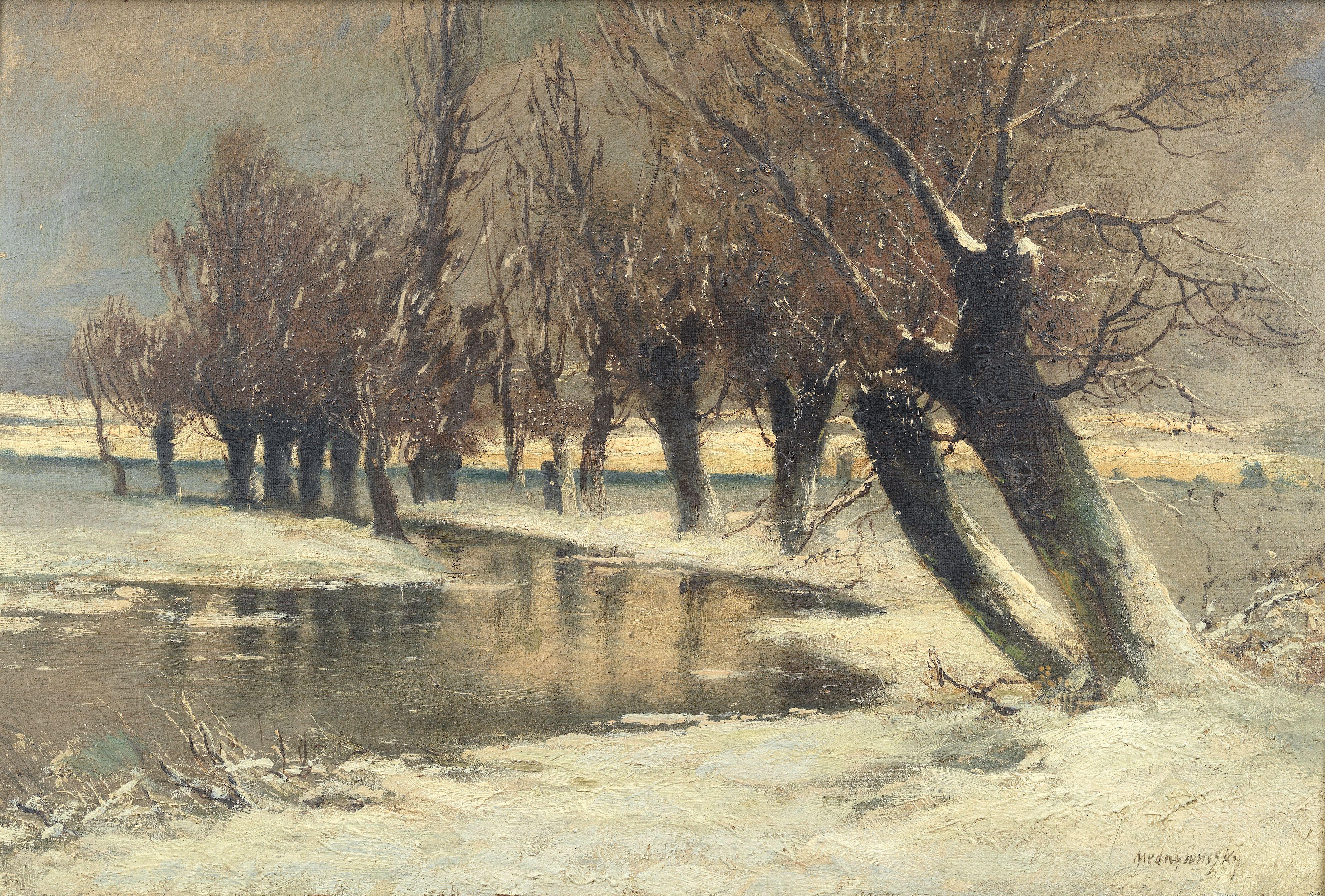 László Mednyánszky - A tree lined river in winter