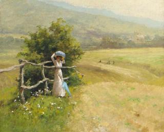Laszlo Neogrady - A lady with a parasol in an extensive landscape