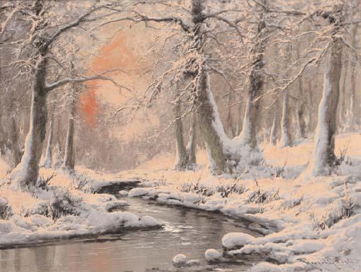Laszlo Neogrady - A Stream In A Wooded Landscape At Sunset