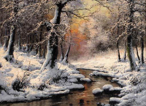 Laszlo Neogrady - A stream running through a wooded winter landscape